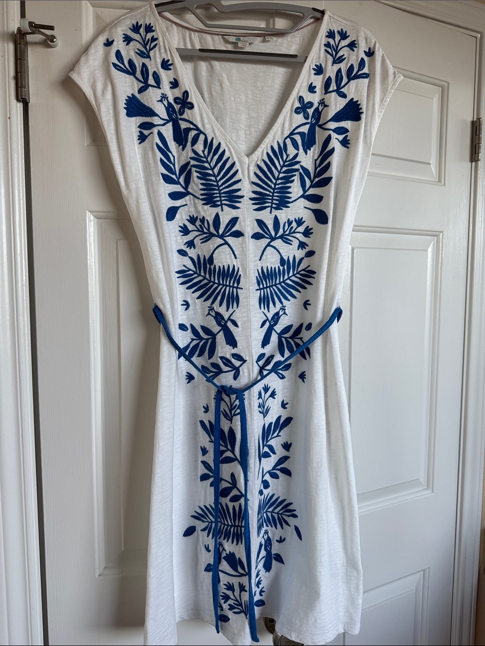 Boden White Midi Dress with Bold Blue Embroidery